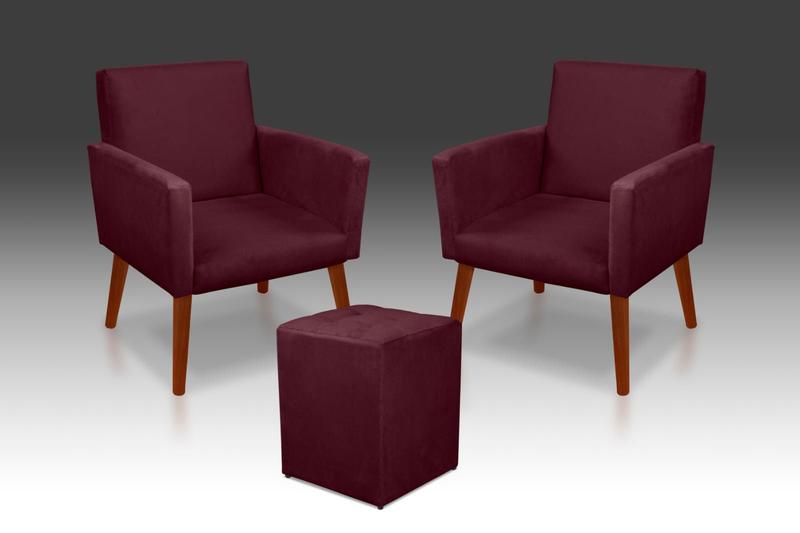 Imagem de Kit 02 Poltrona Nina + 01 Puf Quadrado Suede Bordo- THAINA DECORA