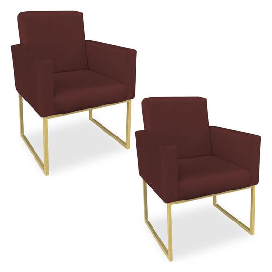 Imagem de Kit 02 Poltronas Clarice Veludo Marsala Base Metálica Industrial Dourado - Pallazio