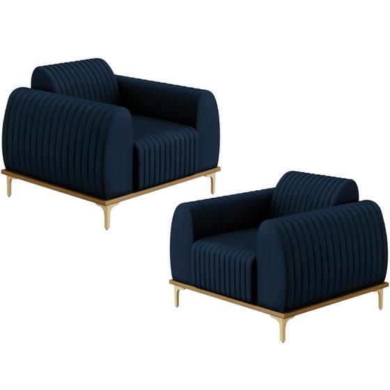 Imagem de Kit 02 Poltronas Decorativa Base Madeira Pés D'Ouro Molino D02 Veludo Azul Oxford C-304 - Lyam Decor