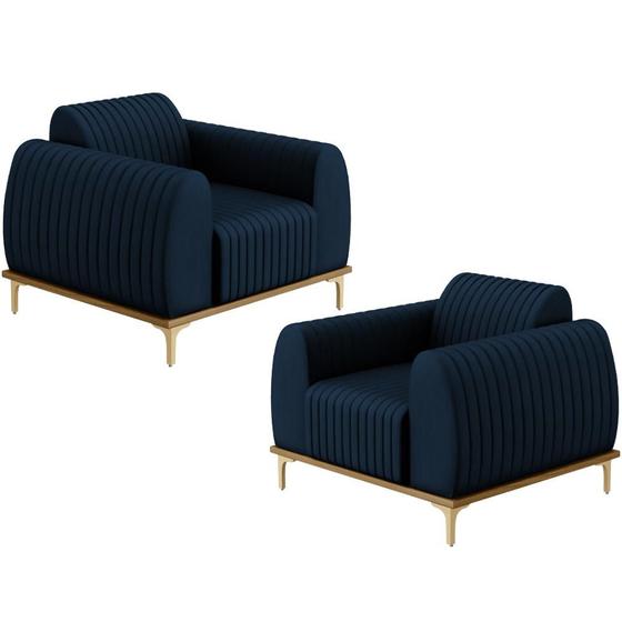 Imagem de Kit 02 Poltronas Decorativa Base Madeira Pés D'Ouro Molino D02 Veludo Azul Oxford C-304 - Lyam Decor