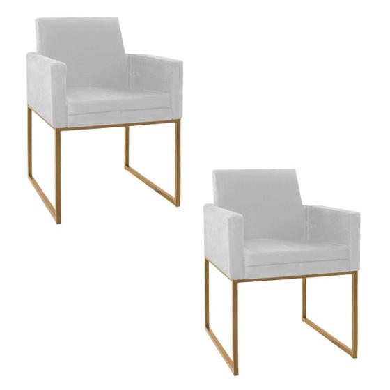 Imagem de Kit 02 Poltronas Decorativa Bellinha Base de Ferro Dourado Suede Branco - Doce Sonho Móveis