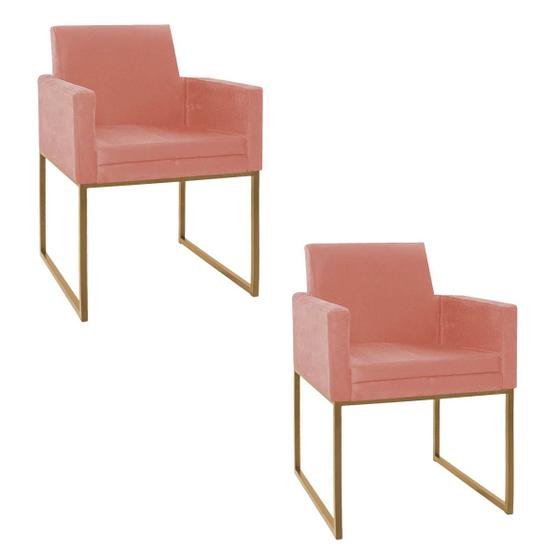 Imagem de Kit 02 Poltronas Decorativa Bellinha Base de Ferro Dourado Suede Coral - ADJ Decor