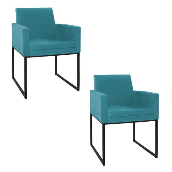 Imagem de Kit 02 Poltronas Decorativa Bellinha Base de Ferro Preto Suede Azul Turquesa - Doce Sonho Móveis