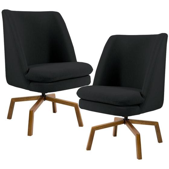 Imagem de Kit 02 Poltronas Decorativa Giratória Base Ka Castanho Pérsia D02 Veludo Preto B-300 - Lyam Decor