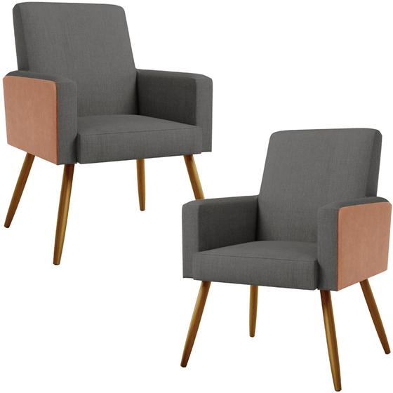 Imagem de Kit 02 Poltronas Decorativa Maria W01 Pés Palito Linho Cinza Escuro material sintético Camel - Lyam Decor