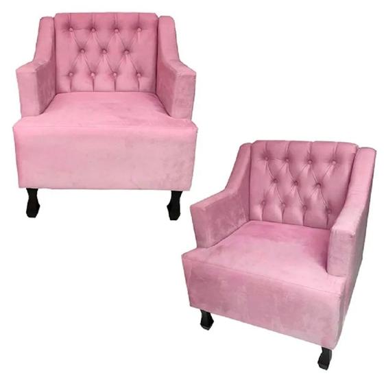 Imagem de Kit 02 Poltronas Decorativa Pés Luis XV Gênises Encosto Estilo Capitonê Suede Rosa - DS Estofados