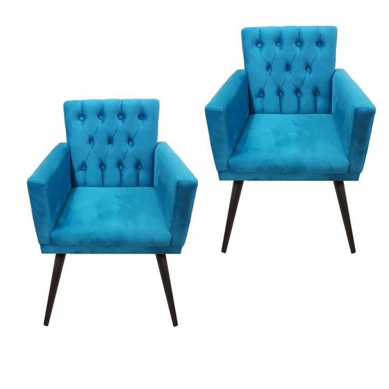 Imagem de Kit 02 Poltronas Decorativa Pés Palito Nina Encosto Estilo Capitonê Azul Veludo - DS Móveis