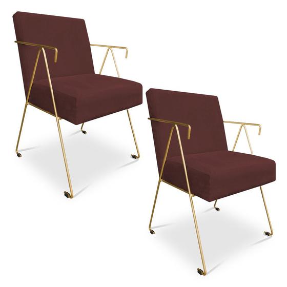 Imagem de Kit 02 Poltronas Decorativa Taina Suede Marsala Base Metálica Industrial Dourado - Pallazio