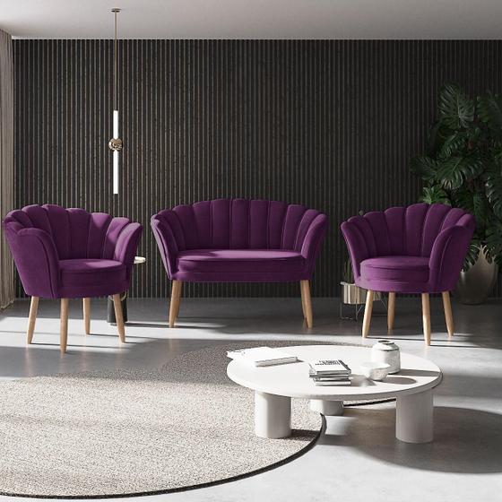 Imagem de Kit 02 Poltronas Decorativas e Namoradeira Sofá Pétala Luxo Veludo Roxo Pés Palito - Visan Estofados