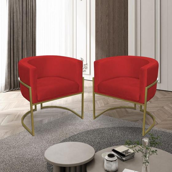 Imagem de Kit 02 Poltronas Decorativas Luana Veludo Vermelho Base em Metal Dourada - VISALAR