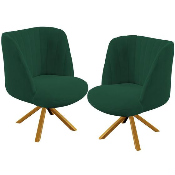 Imagem de Kit 02 Poltronas Decorativas Munique D02 Base Giratória de Madeira Veludo Verde C-303 - Lyam Decor