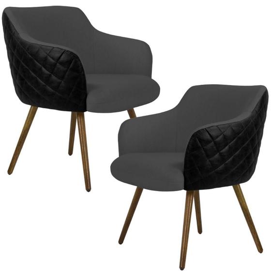 Imagem de Kit 02 Poltronas Decorativas Pés Palito Jade D02 Linho Cinza C-416 Tressê Material Sintético Preto - Lyam Decor