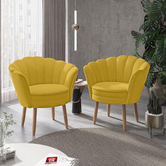 Imagem de Kit 02 Poltronas Decorativas Pétala Luxo Veludo Amarelo Pés Palito - Visan Estofados