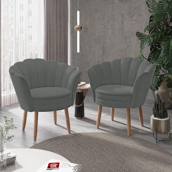 Imagem de Kit 02 Poltronas Decorativas Pétala Luxo Veludo Cinza Pés Palito - Visan Estofados