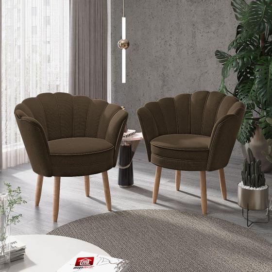 Imagem de Kit 02 Poltronas Decorativas Pétala Luxo Veludo Marrom Pés Palito - Visan Estofados