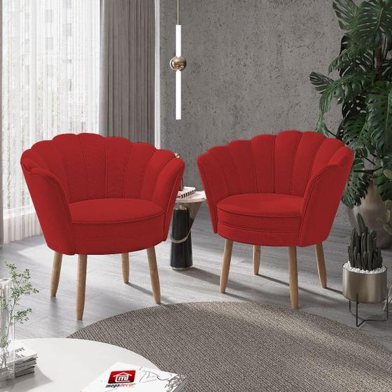 Imagem de Kit 02 Poltronas Decorativas Pétala Luxo Veludo Vermelho Pés Palito - Visan Estofados