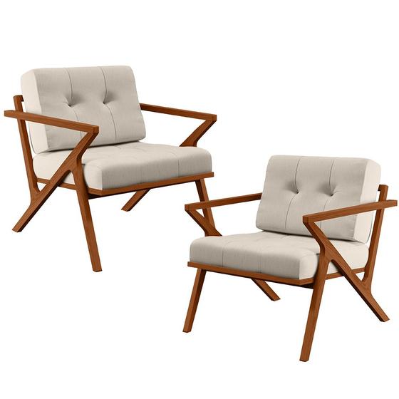 Imagem de Kit 02 Poltronas Decorativas Sala de Estar com Cintas de Corano Laís B04 Linho Cru - Lyam Decor
