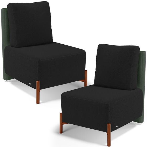 Imagem de Kit 02 Poltronas Decorativas Sala de Estar Living Hungria L02 material sintético Verde Bouclê Preto - Lyam