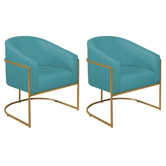 Imagem de Kit 02 Poltronas Decorativas Sala de Estar Recepção Luiza Base de Ferro Dourado Suede Azul Turquesa - Amarena Móveis