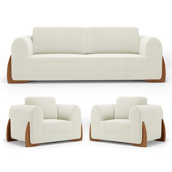 Kit 02 Poltronas e 01 Sofá Bloom 160cm 02 Lugares com Pés de Madeira Bouclê Off White - Desk Design Menor preço em Kit 02 Poltronas e 01 Sofá Bloom 160cm 02 Lugares com Pés de Madeira Bouclê Off White - Desk Design