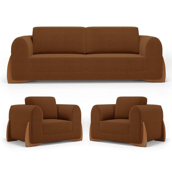 Imagem de Kit 02 Poltronas e 01 Sofá Bloom 160cm 02 Lugares com Pés de Madeira Bouclê Terracota - Desk Design