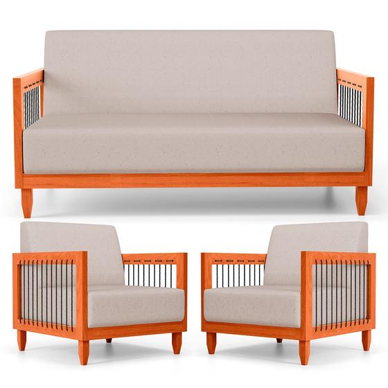 Imagem de Kit 02 Poltronas e 01 Sofá Samoa Madeira Maciça com Cordas Náutica Linho Rústico Areia - Desk Design