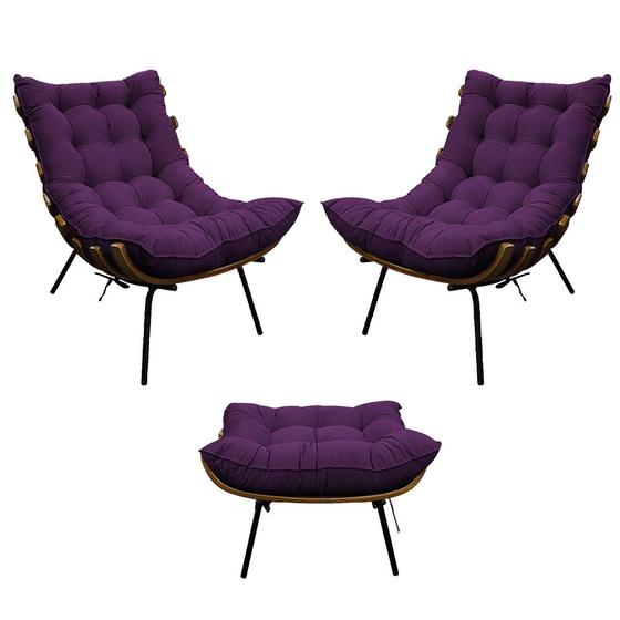 Imagem de Kit 02 Poltronas e Puff Costela Base Fixa Suede Roxo - Doce Sonho Móveis