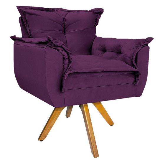 Imagem de Kit 02 Poltronas e Puff Opala Base Giratória de Madeira Suede Roxo - KDAcanto Móveis