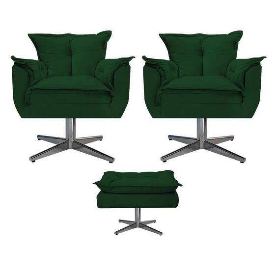 Imagem de Kit 02 Poltronas e Puff Opala Base Giratória de Metal Suede Verde - DAMAFFÊ MÓVEIS