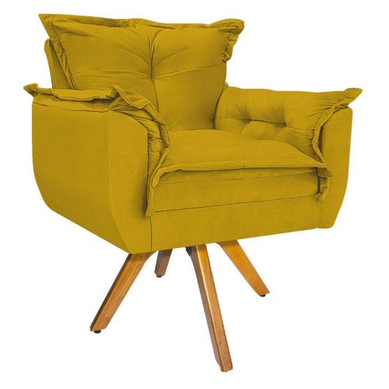 Imagem de Kit 02 Poltronas e Puff Zatti Base Giratória de Madeira Suede Amarelo - KDAcanto Móveis