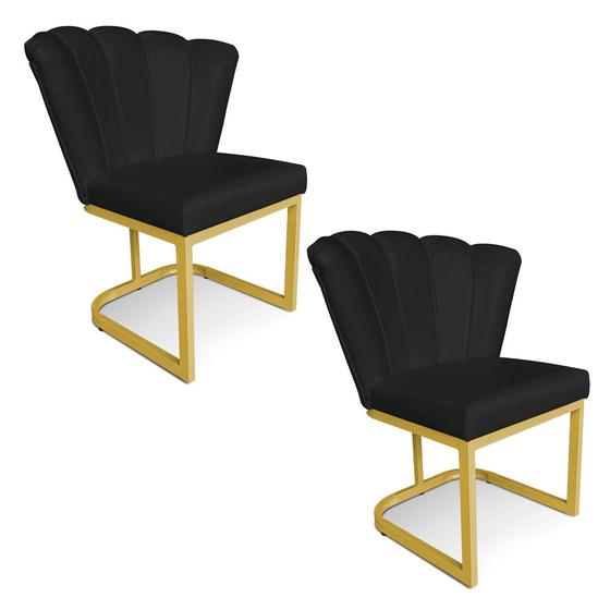 Imagem de Kit 02 Poltronas Flor Corano Preto Base Metálica Industrial Dourado - Pallazio