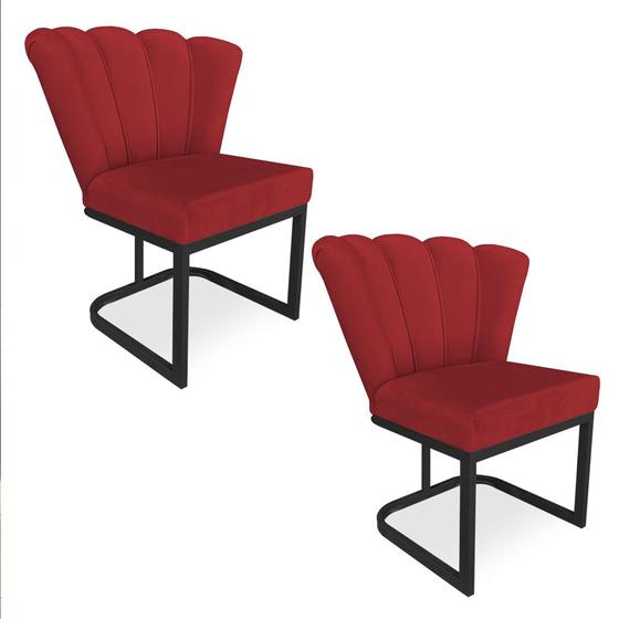 Imagem de Kit 02 Poltronas Flor Veludo Vermelho Base Metálica Industrial Preto - Pallazio