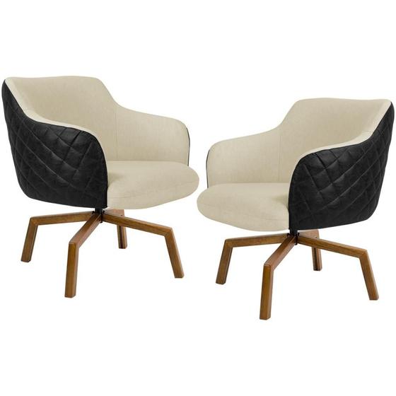 Imagem de Kit 02 Poltronas Giratória Base Ka Jade D02 Linho Bege C-129 Tressê Material Sintético Preto - Lyam Decor