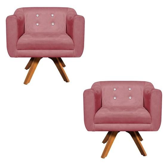Imagem de Kit 02 Poltronas Giratória Julia Suede Rosê com Strass Base Madeira MM30 D01 - D'Rossi
