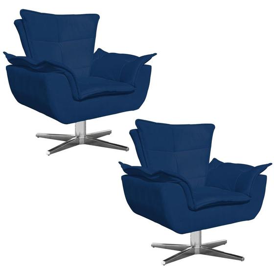 Imagem de Kit 02 Poltronas Giratória Opala Suede Azul Marinho Base Estrela Cromada D'Rossi