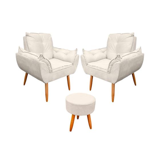 Imagem de Kit 02 Poltronas Opala e 01 Puff Decorativos para Sala e Quarto Pés Palito Suede Escolha Sua Cor - WeD Decor