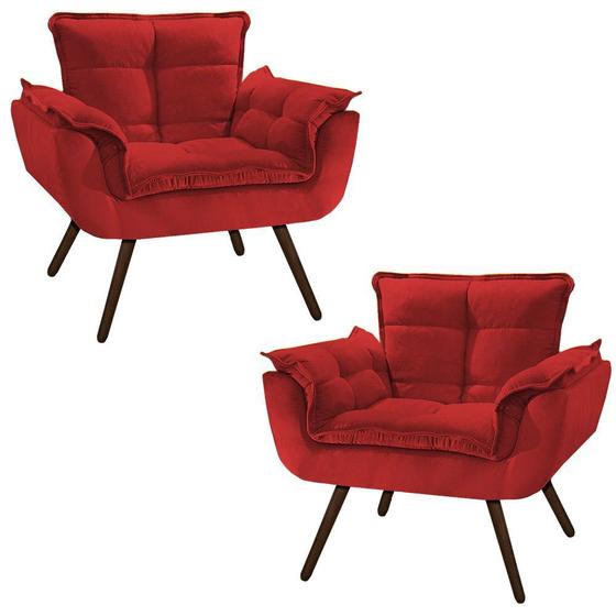 Imagem de Kit 02 Poltronas Opala VERMELHO Suede Pés Palito Decorativa Sala de Estar, Consultório, Escritório