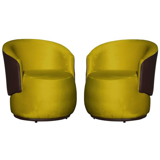 Imagem de Kit 02 Poltronas Orgânica Decorativa Beatriz Veludo Amarelo/PU Marrom - Montanaris Decor