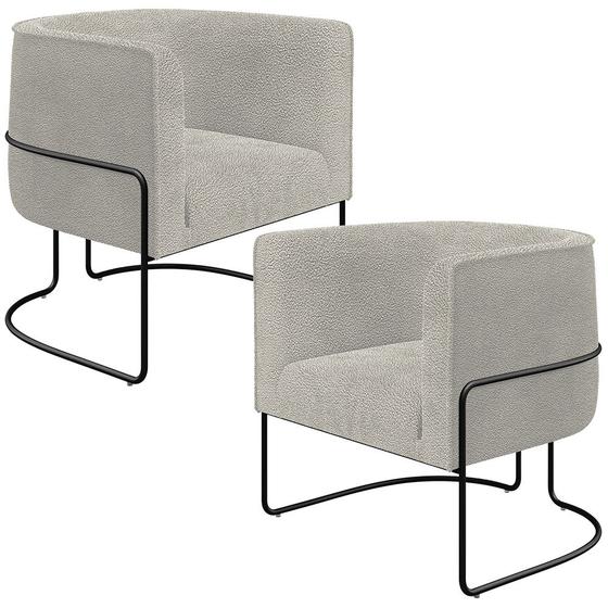 Imagem de Kit 02 Poltronas Para Sala De Estar Fixa Base Aço Preto Betina D02 Bouclê Creme - Lyam Decor