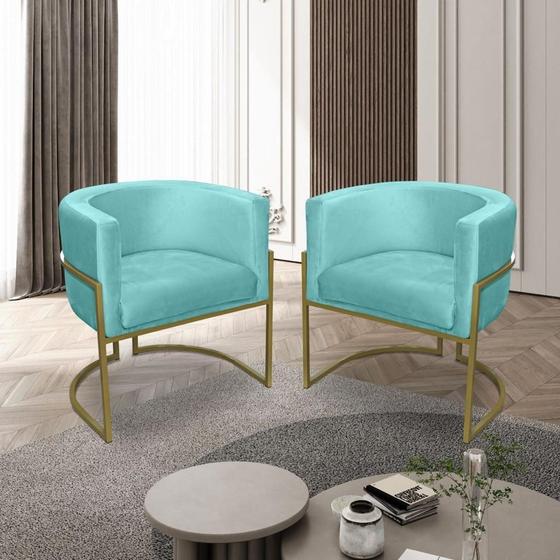 Imagem de Kit 02 Poltronas para Sala Decorativa Luna Base Ferro Dourado Veludo Azul Turqueza Visan Estofados