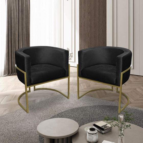 Imagem de Kit 02 Poltronas para Sala Decorativa Luna Base Ferro Dourado Veludo Preto Visan Estofados