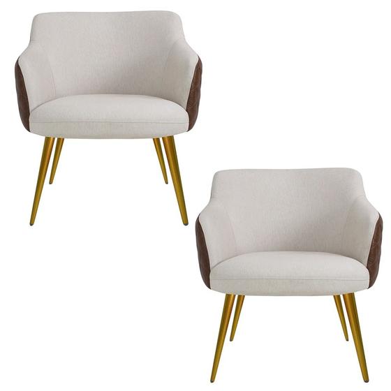 Imagem de Kit 02 Poltronas Pés Palito Ouro Fosco Jade D02 Linho Bege C-107 Tressê Corano Marrom - Lyam Decor