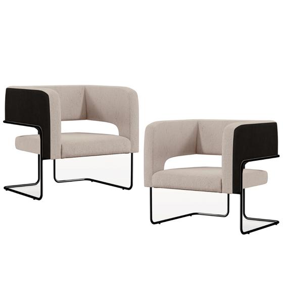 Imagem de Kit 02 Poltronas Scarlett D02 Base Aço Preto Corano Preto C-05 Linho Bege C-107 - Lyam Decor