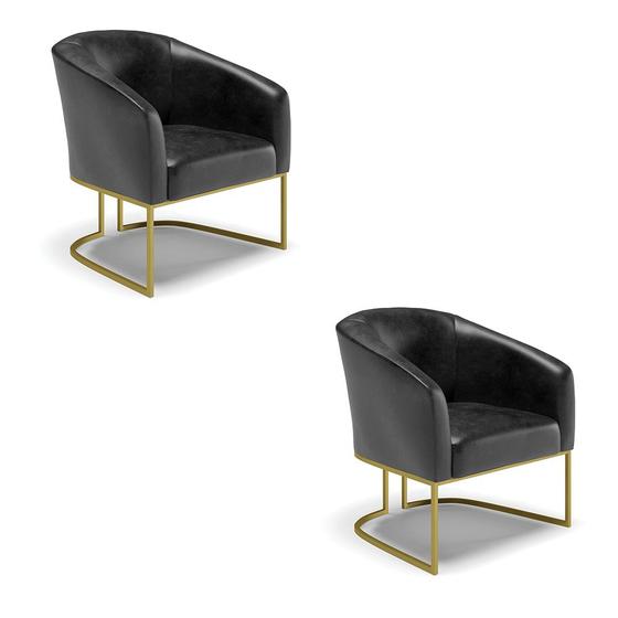 Imagem de Kit 02 Poltronas Stella Corano Preto Base Metálica Industrial Dourado - D'Rossi