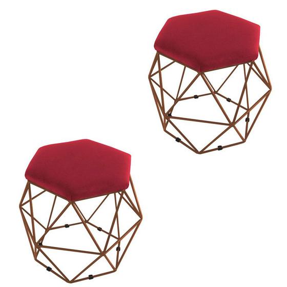 Imagem de Kit 02 Puff Aramado Bronze Assento Hexagonal Suede Vermelho - DS Estofados