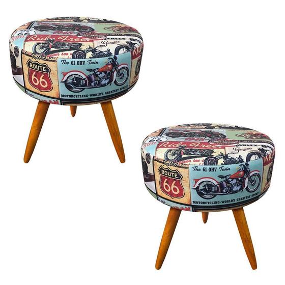 Kit 02 Puff Banqueta Berlim Redondo Estampado Motoclube Pés Castanho - D'Rossi Menor preço em Kit 02 Puff Banqueta Berlim Redondo Estampado Motoclube Pés Castanho - D'Rossi