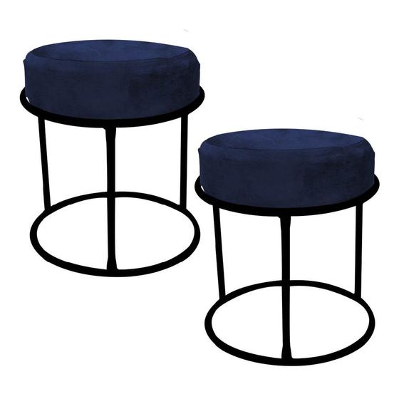 Imagem de Kit 02 Puff Banqueta Garden Argola Redondo Industrial Penteadeira Ferro Preto Suede Azul Marinho - Ahazzo Móveis