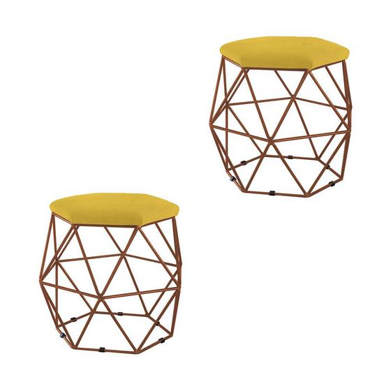 Imagem de Kit 02 Puffs Aramado Bronze Assento Hexagonal Suede Amarelo - DS Estofados