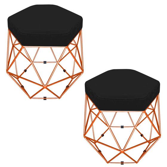 Imagem de Kit 02 Puffs Banco Decorativo Aramado Hexagonal Base Eiffel Bronze Suede Preto - Desk Design