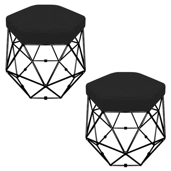 Imagem de Kit 02 Puffs Banco Decorativo Aramado Hexagonal Base Eiffel Preta Suede Preto- Desk Design